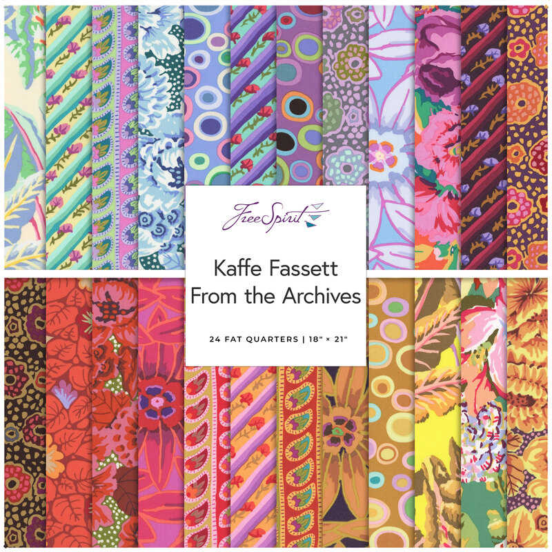 A collage of fabrics included in the From the Archives collection with bright and modern patterned fabrics.