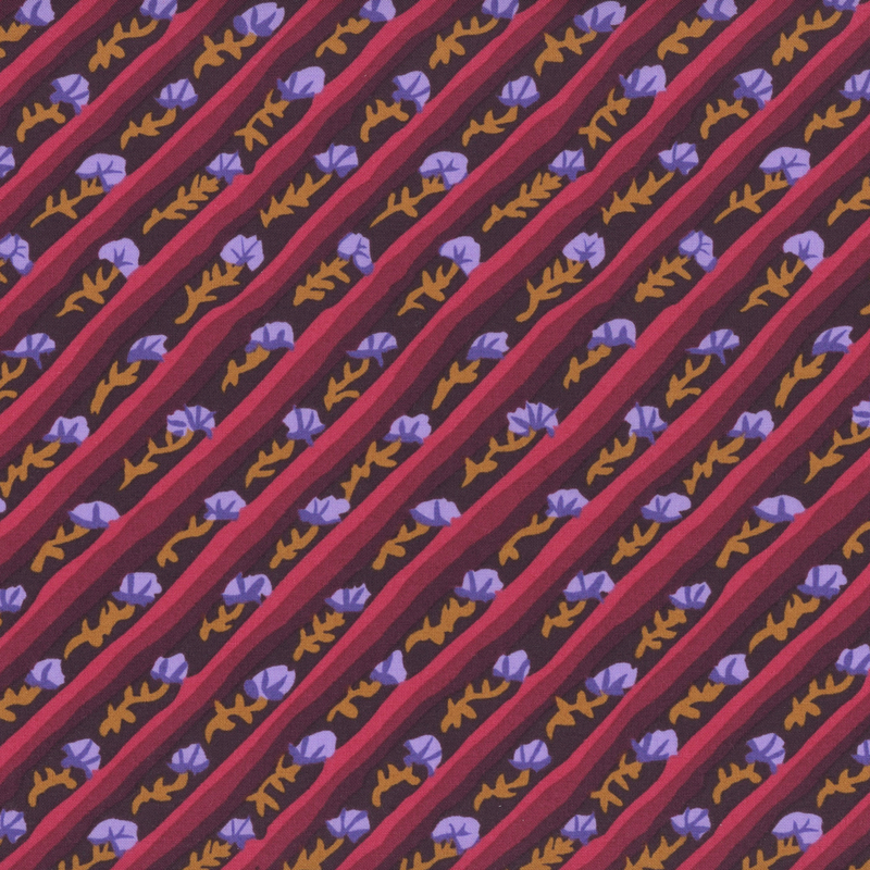 Eggplant fabric featuring diagonal strips in shades of reds and purple flowers