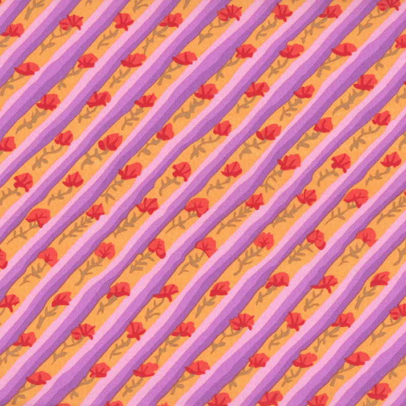 Bright orange fabric featuring diagonal stripes of various shades of lavender and red flowers.