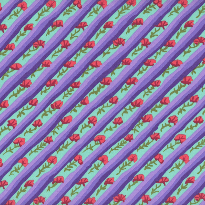 Aqua fabric featuring diagonal stripes in shades of purple and red flowers.
