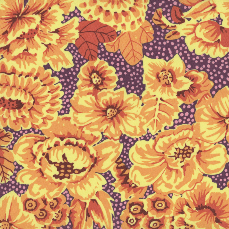 Plum fabric featuring yellow and orange flowers with a pink dotted background.