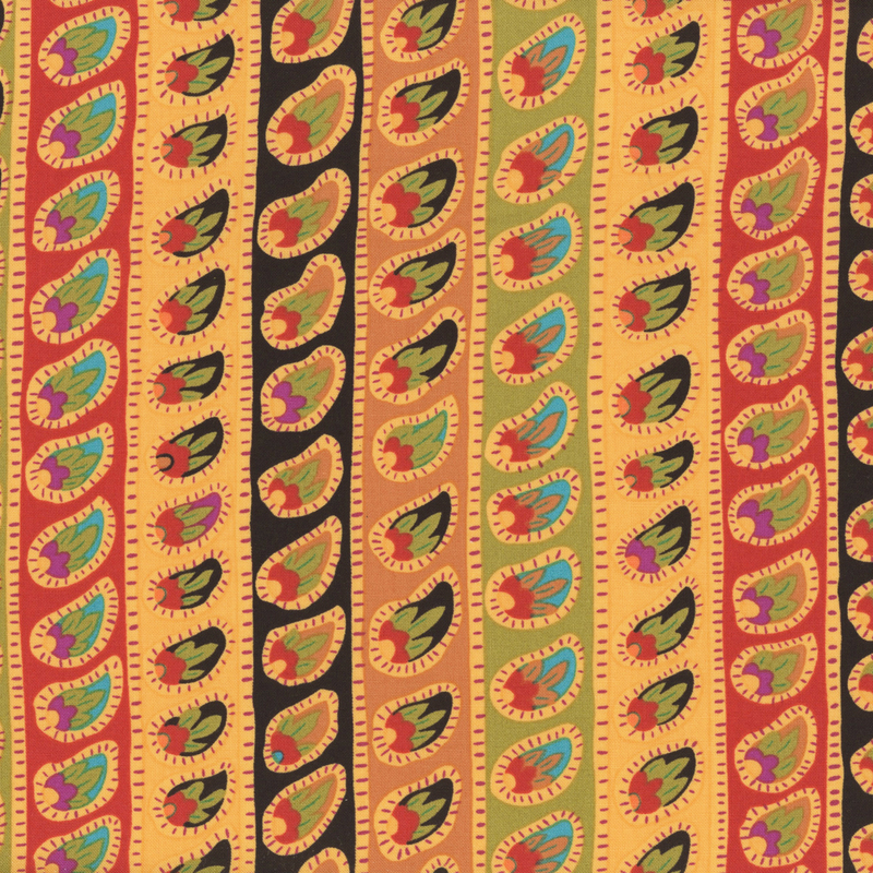 Multicolored striped fabric featuring columns of paisley-inspired floral medallions.