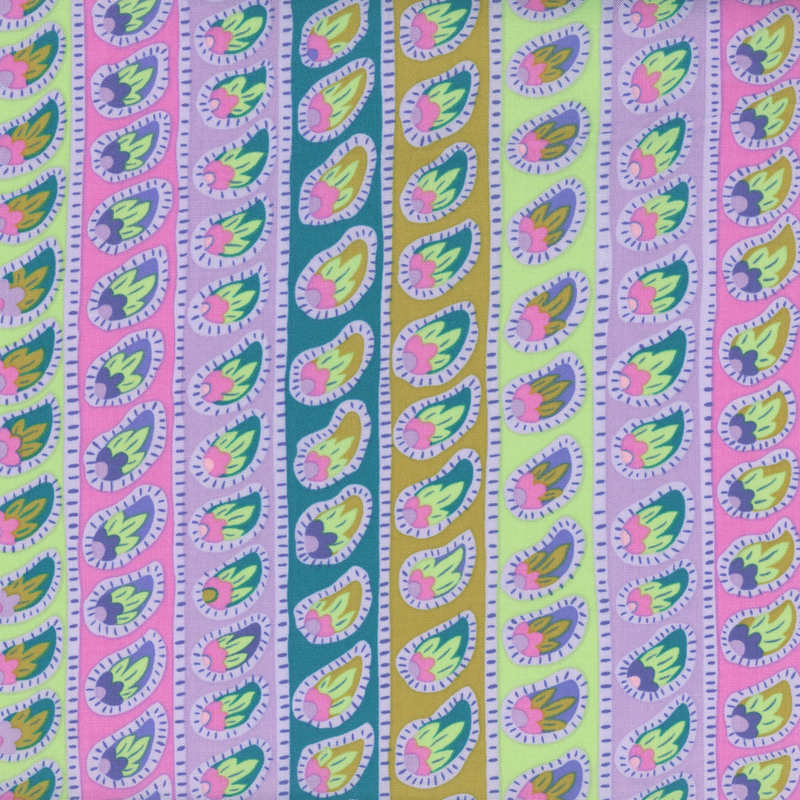 Bright, multicolored fabric featuring columns of paisley-inspired floral medallions.