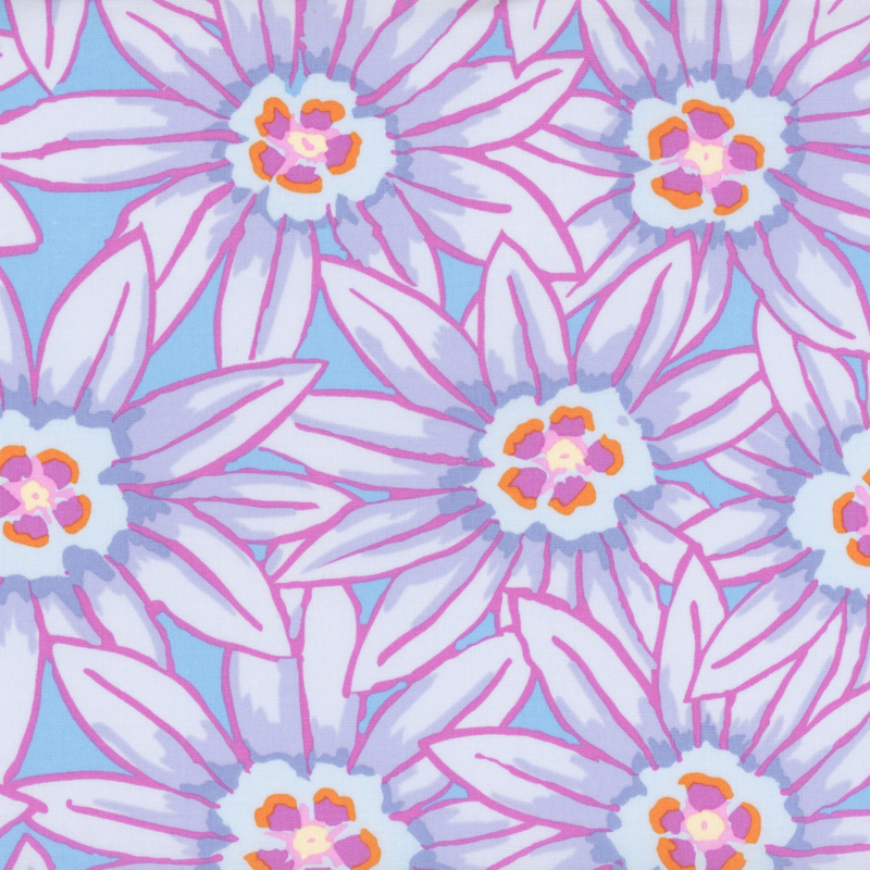 Large, pointed petal purple flowers packed on a powder blue background.