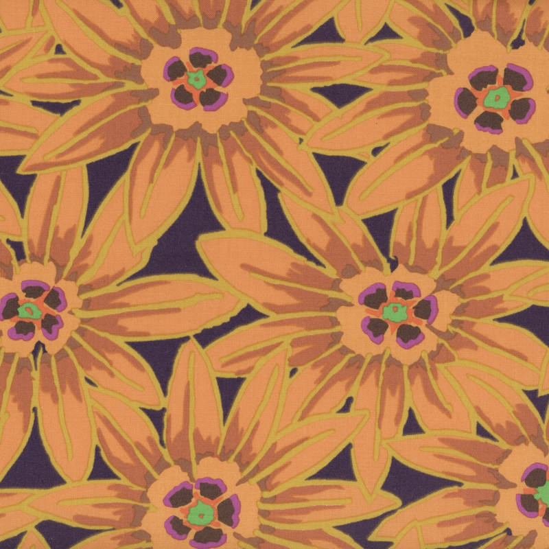 Large, pointed petal orange flowers packed on a dark brown background.