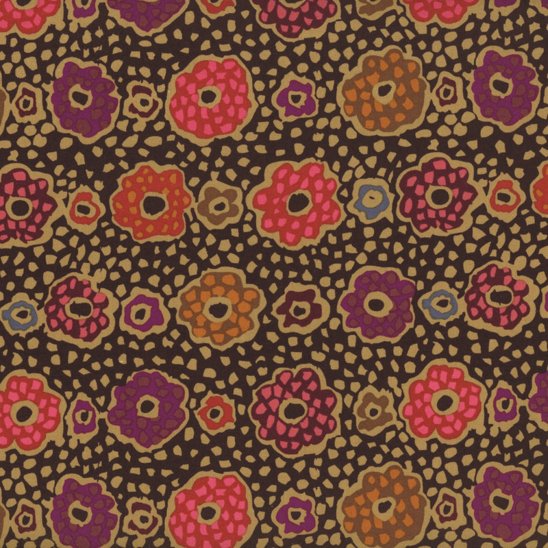 Black fabric featuring multicolored flowers with tan outlines and abstract shapes in the background.