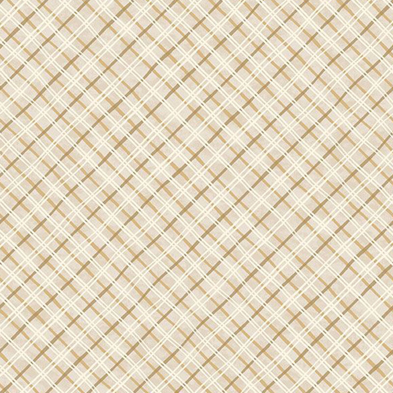 Mottled cream fabric features a timeless plaid pattern with subtle variation.