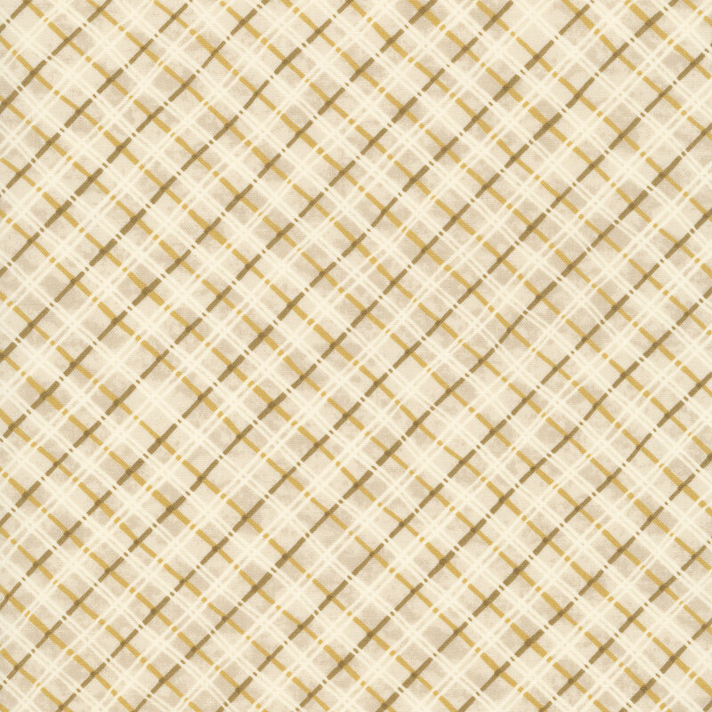 Mottled cream fabric features a timeless plaid pattern with subtle variation.