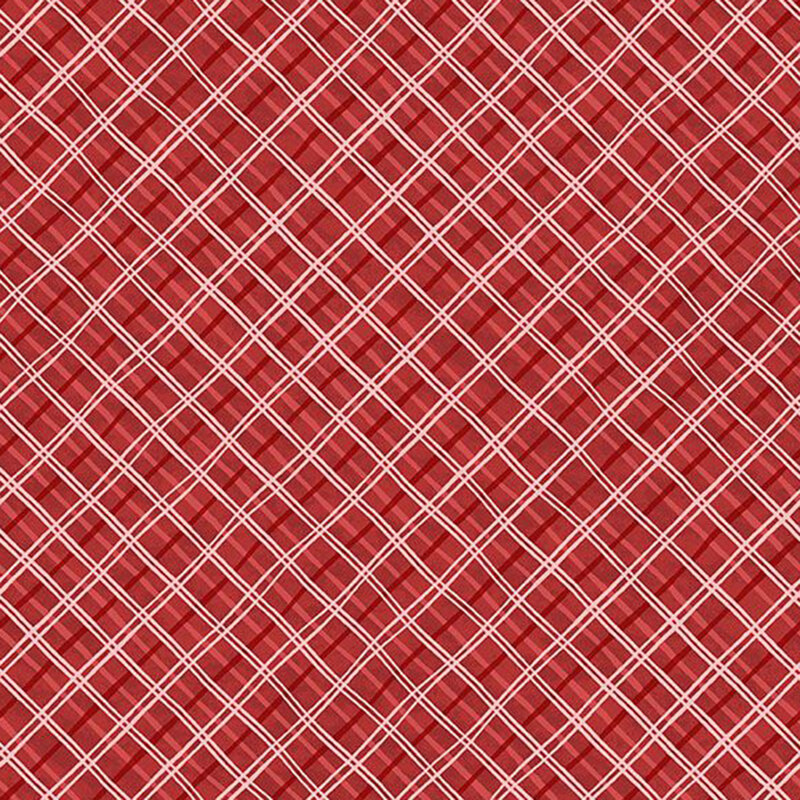 Mottled red fabric features a timeless plaid pattern with subtle variation.
