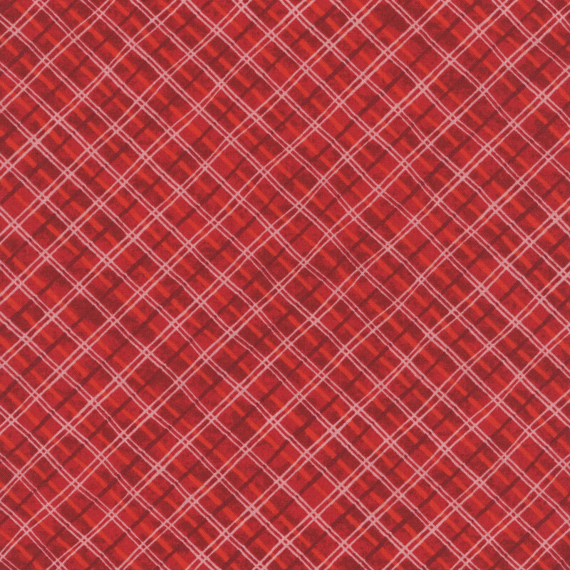 Mottled red fabric features a timeless plaid pattern with subtle variation.