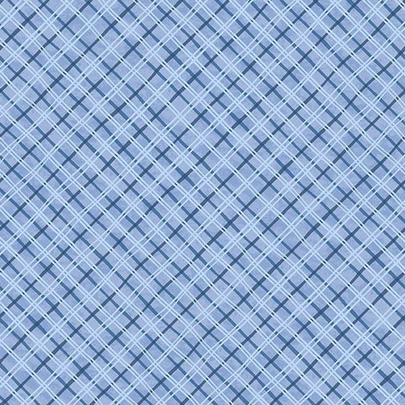 Mottled blue fabric with a timeless plaid pattern with subtle variation.