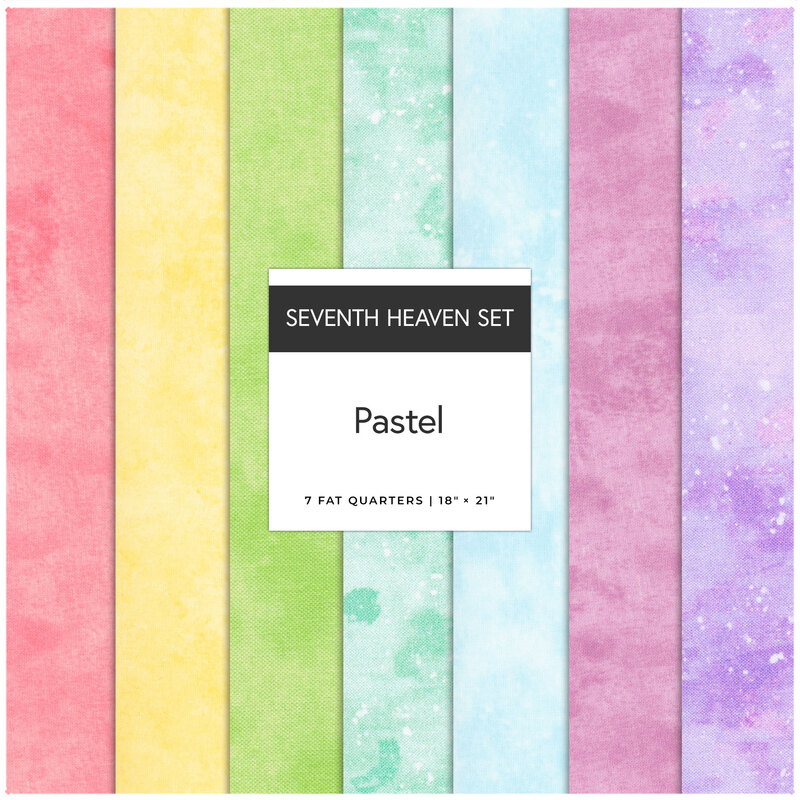 A collage of 7 light pastel fabrics in the Pastel seventh heaven set.