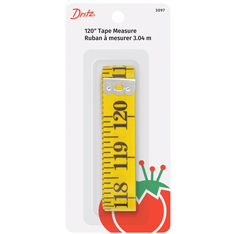 Yellow 120 inch tape measure displayed inside packaging, featuring both standard and metric measurements.