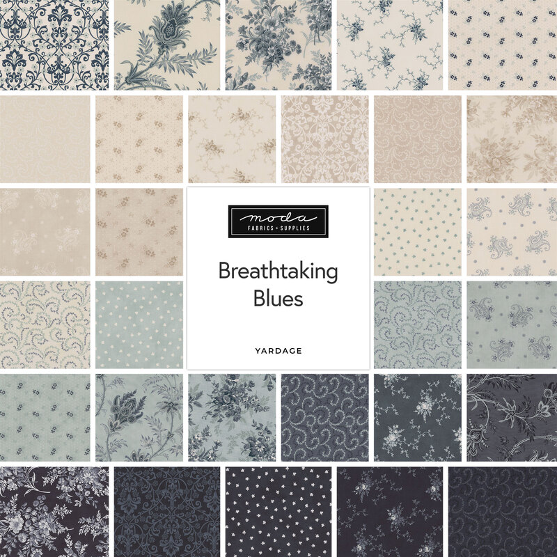 A fabric collage featuring blue and white floral fabrics from the Breathtaking Blues collection by Moda.