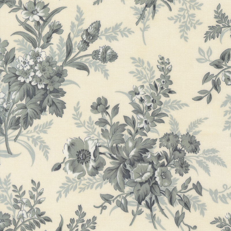 A cream fabric with large muted blue floral clusters. 