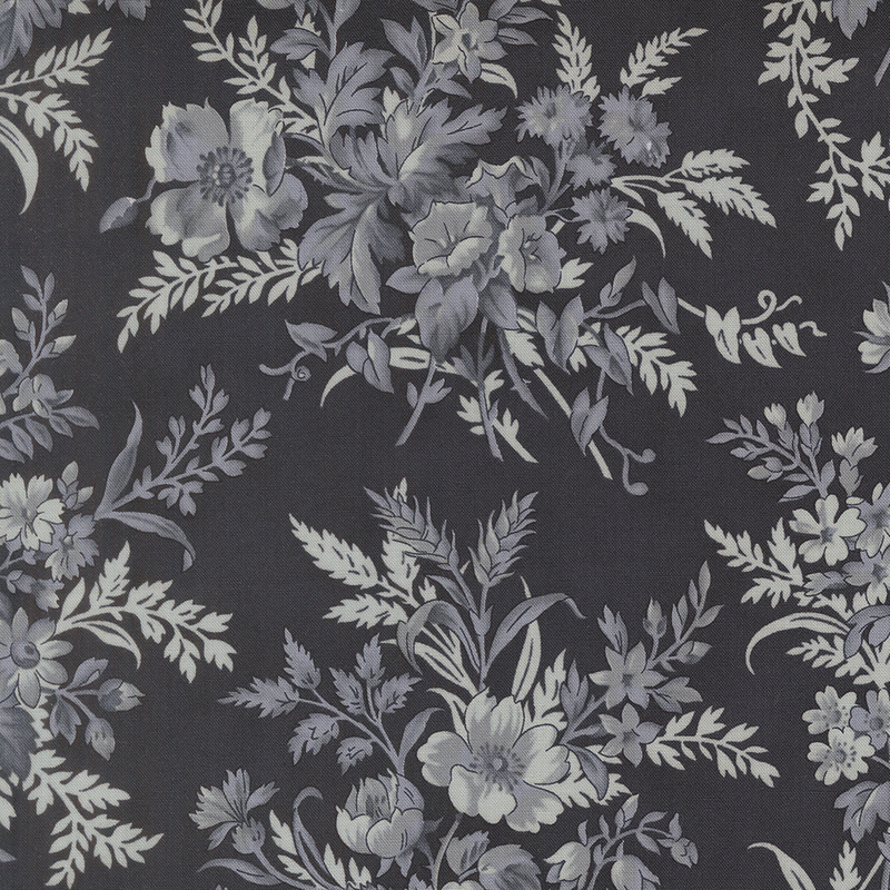 A soft black fabric with large gray floral clusters. 