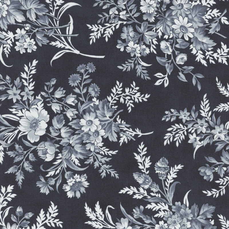 A soft black fabric with large gray floral clusters. 