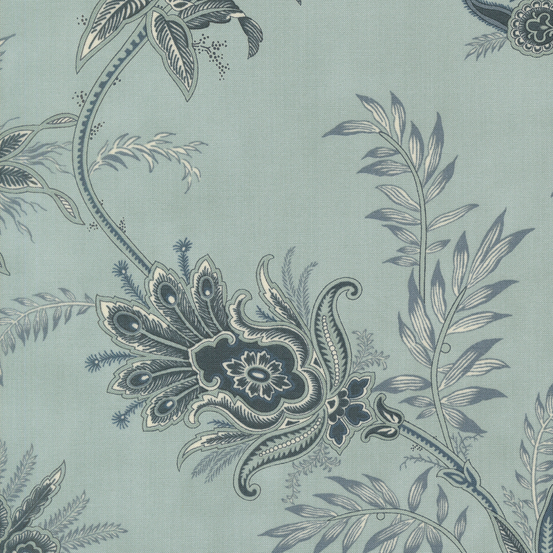 A light blue fabric with large muted blue Jacobean style florals. 