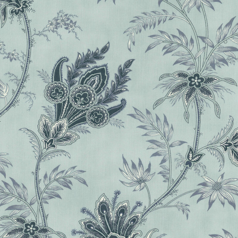 A light blue fabric with large muted blue Jacobean style florals. 