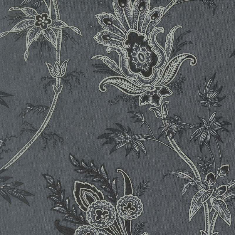 A soft black fabric with large gray Jacobean style florals. 