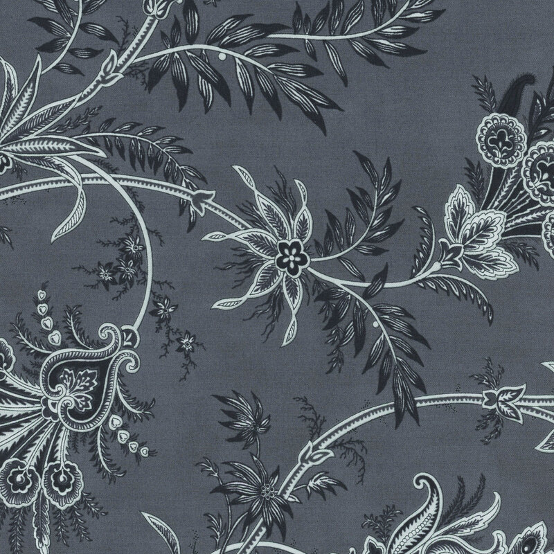 A soft black fabric with large gray Jacobean style florals. 