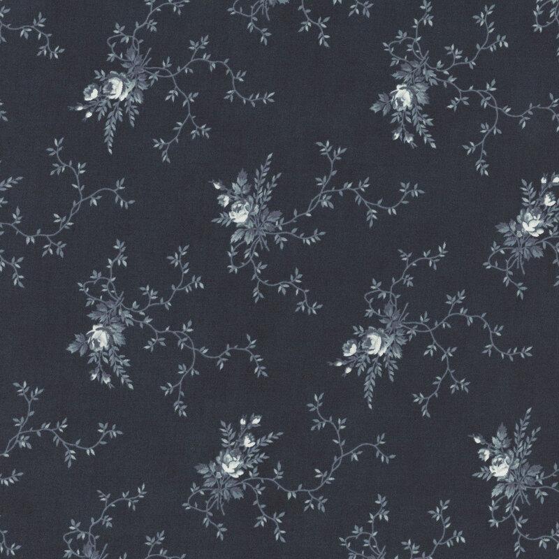 A soft black fabric with clusters of gray floral motifs and creeping vines. 