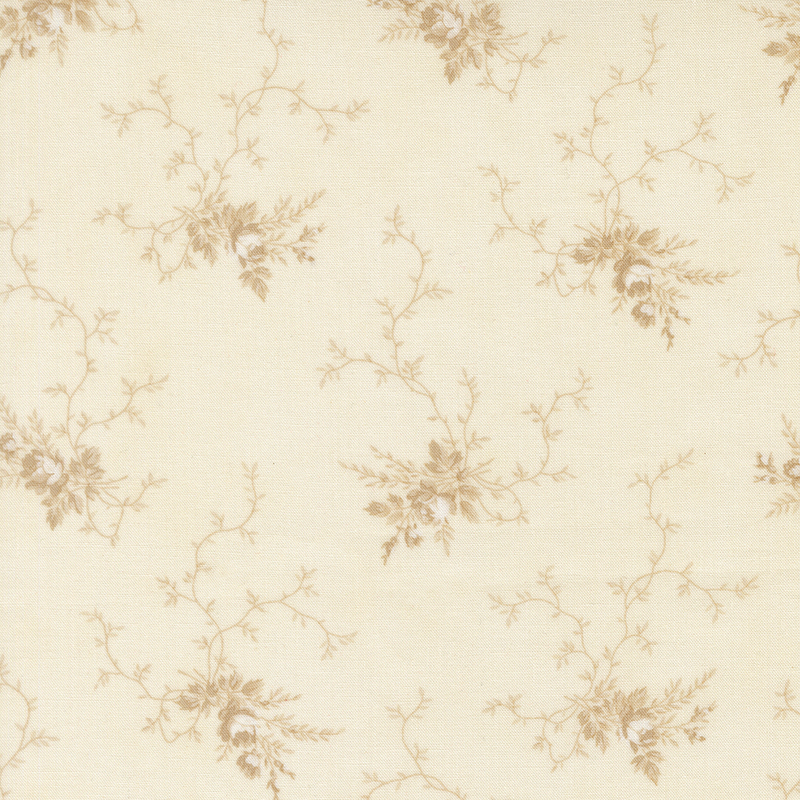 A tonal cream fabric with clusters of floral motifs and creeping vines. 