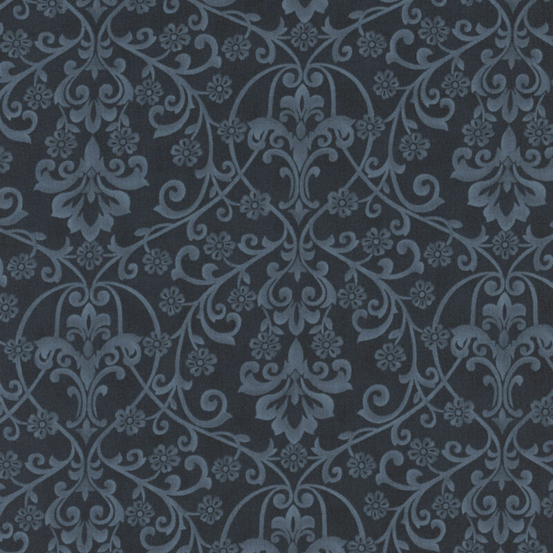 A soft black damask fabric with gray scrolling florals, vines, leaves, and ornamental motifs. 