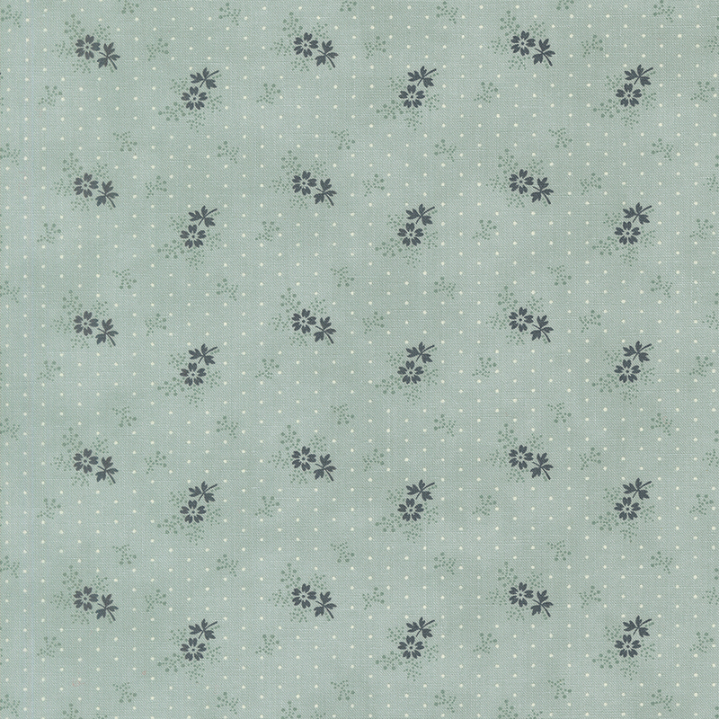 A light blue polka dot fabric with tossed sprigs and navy blue florets.