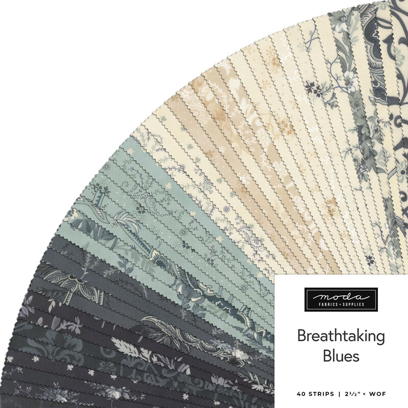 A fanned fabric collage featuring blue and white floral fabrics from the Breathtaking Blues collection by Moda.