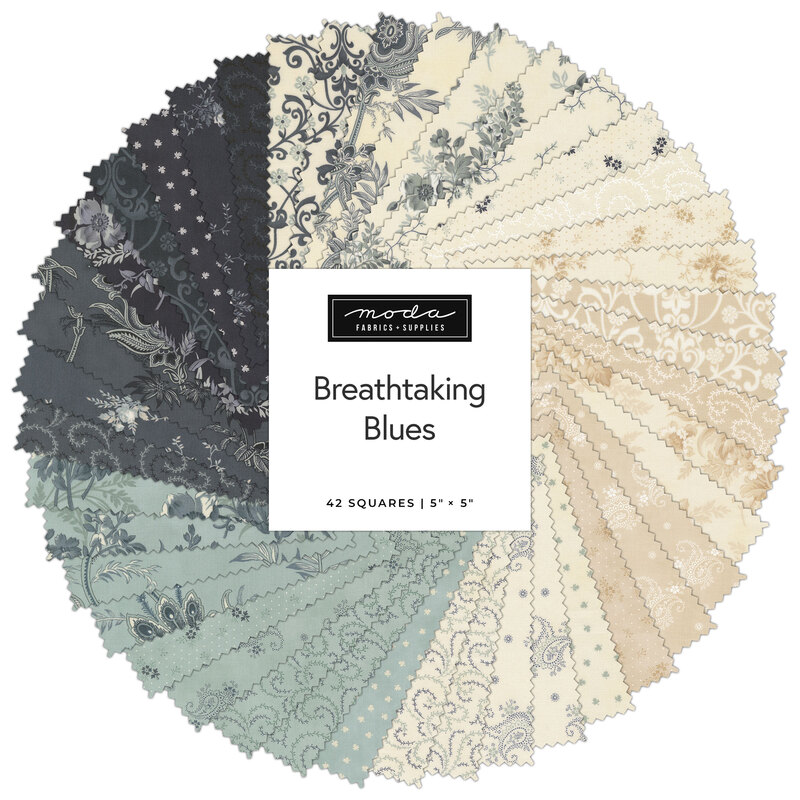 A spiral fabric collage featuring blue and white floral fabrics from the Breathtaking Blues collection by Moda.