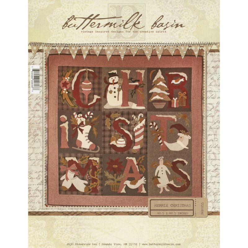 Front of the Merrie Christmas pattern with an example of the finished project under the Buttermilk Basin logo, on a rustic background with handwritten words