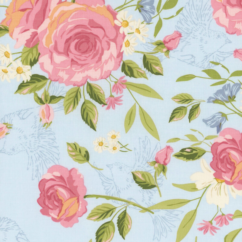 Large pink roses, white daisies, and bluebell bouquets on blue fabric.