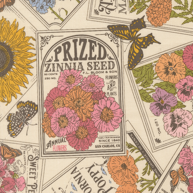 Vintage seed packets of common flowers and butterflies on cream fabric.