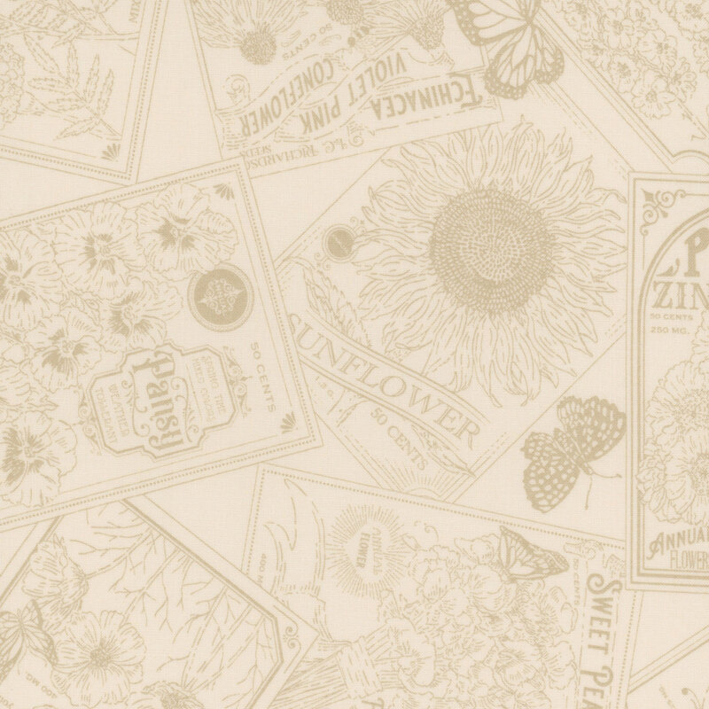 Vintage seed packets of common flowers and butterflies outlined on cream fabric.