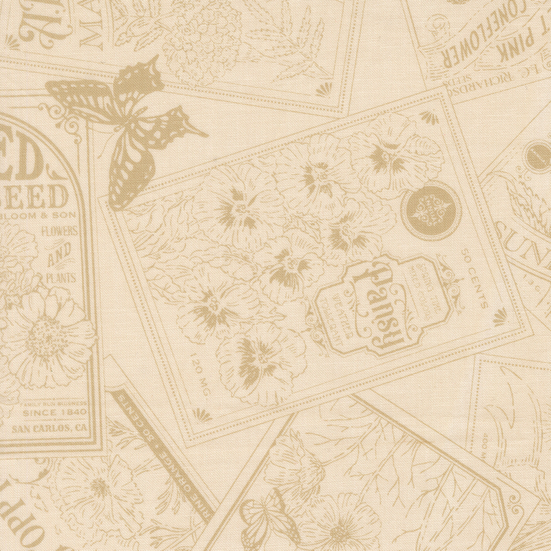 Vintage seed packets of common flowers and butterflies outlined on cream fabric.