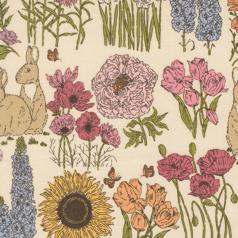 Cream fabric featuring a garden of blooming flowers and bunnies.