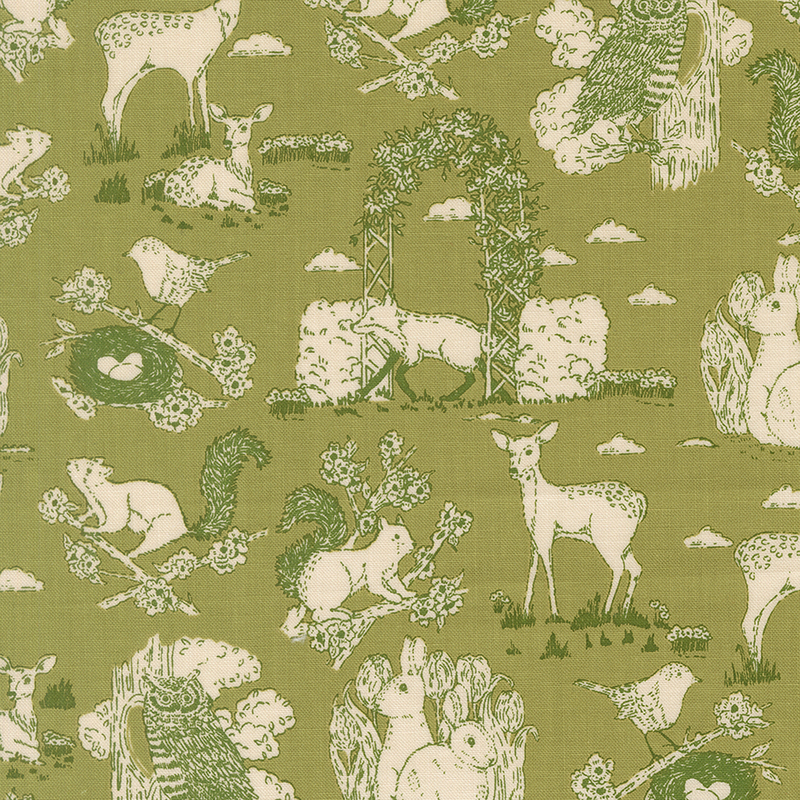 Grass green toile fabric featuring garden animals and birds.