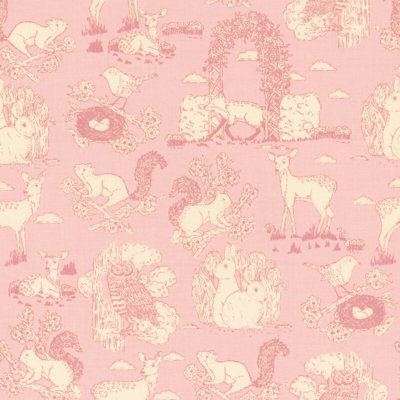 Pink toile fabric featuring garden animals and birds.