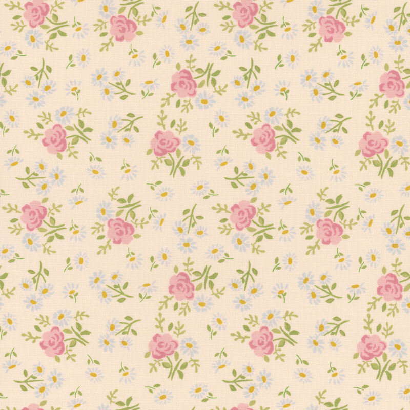 Pink roses and white daisies scattered on cream fabric.