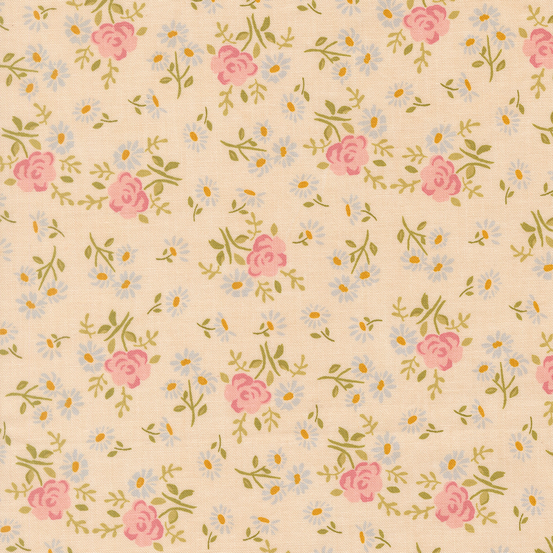 Pink roses and white daisies scattered on cream fabric.
