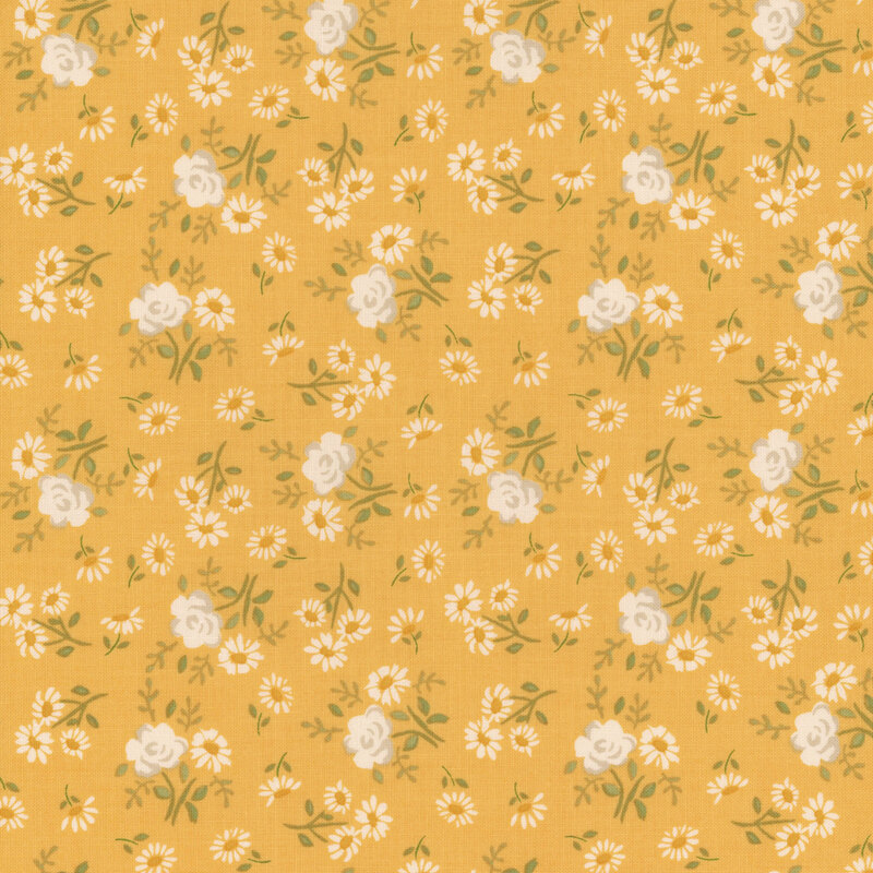 White roses and white daisies scattered on yellow fabric.