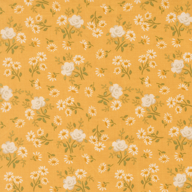 White roses and white daisies scattered on yellow fabric.