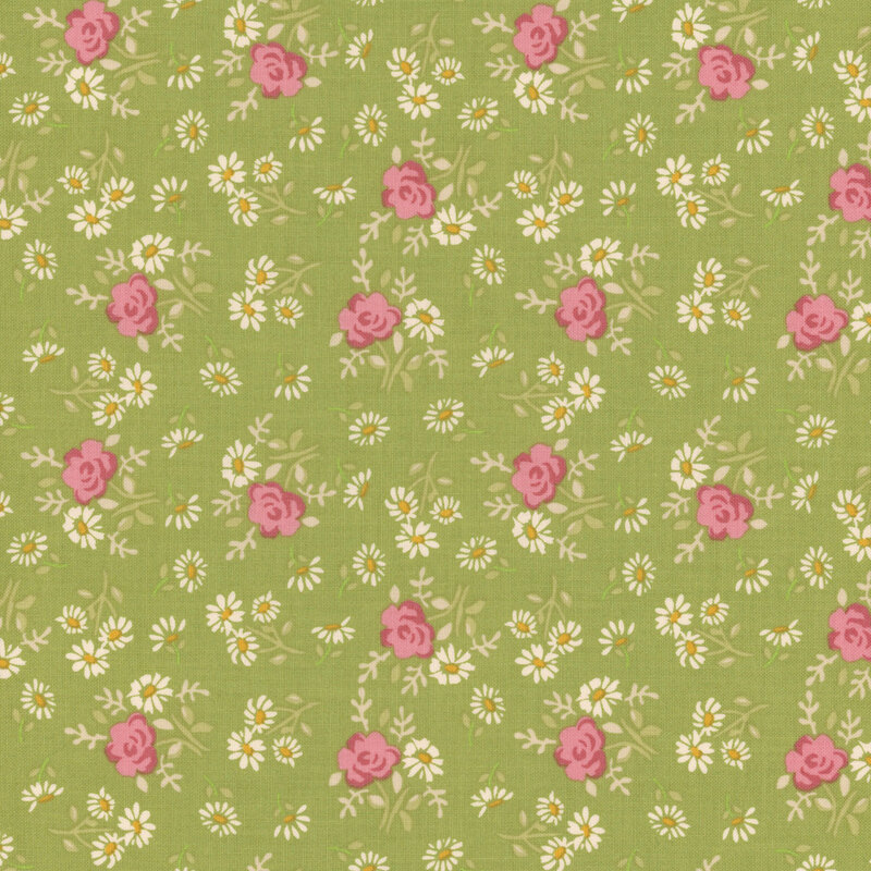 Pink roses and white daisies scattered on grass green fabric.