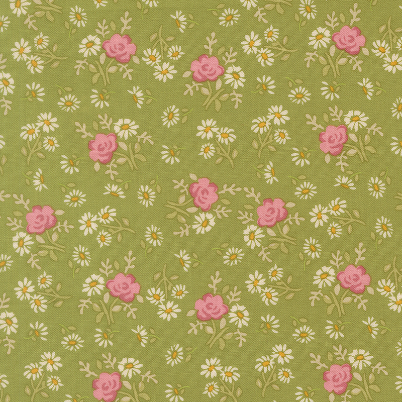 Pink roses and white daisies scattered on grass green fabric.