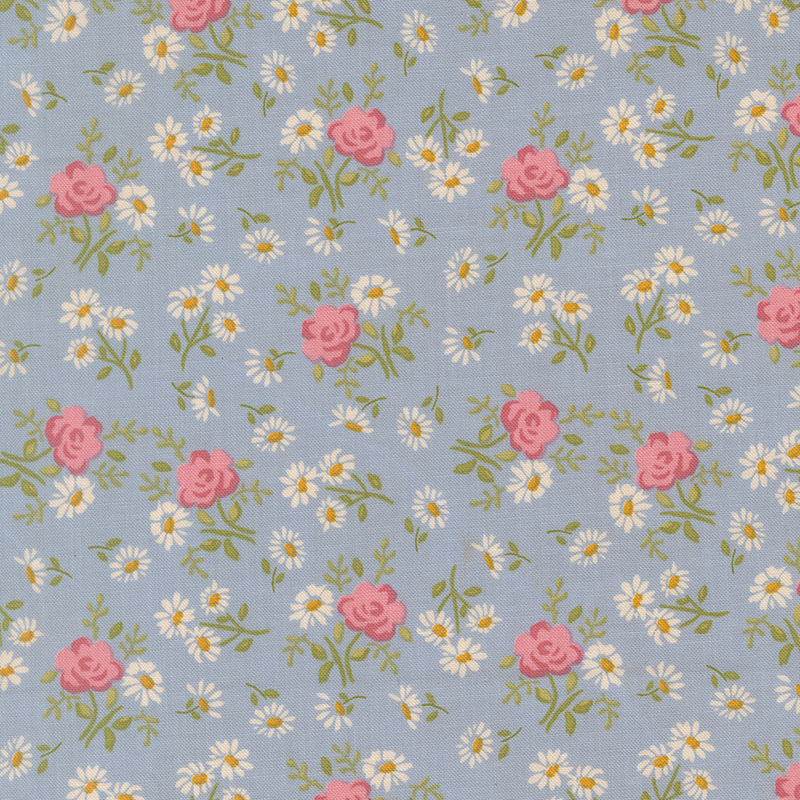 Pink roses and white daisies scattered on blue fabric.