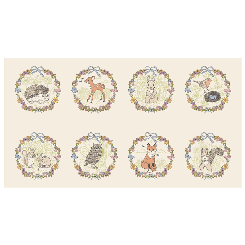 Panel featuring adorable animals inside circles of floral wreaths.