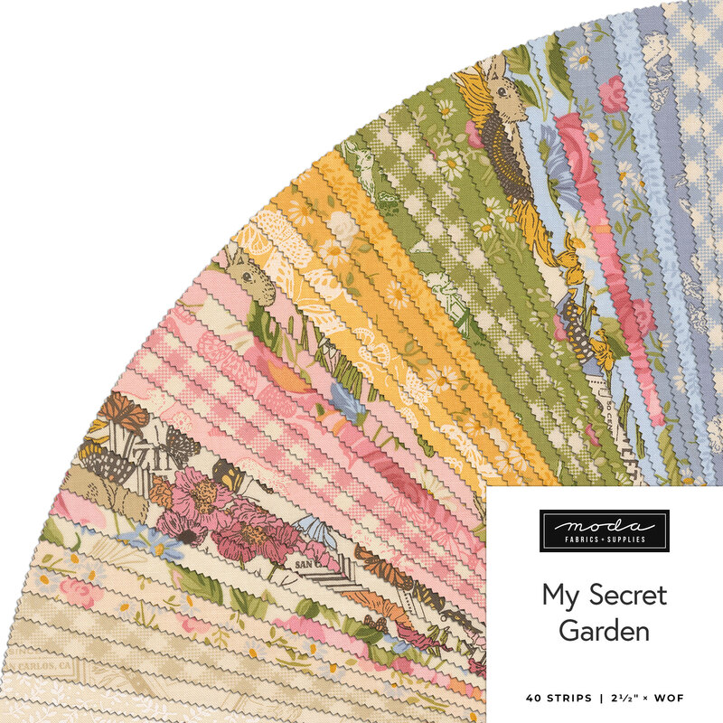 A collage of fabric strips in cream, pink, yellow, green, and blue featuring a garden theme in a circular display, labeled My Secret Garden from Moda Fabrics.