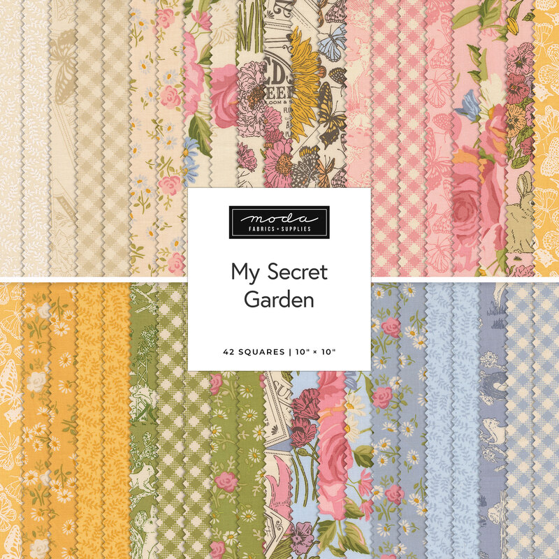 Two rows of patterned fabric swatches in cream, pink, yellow, green, and blue with a garden theme.