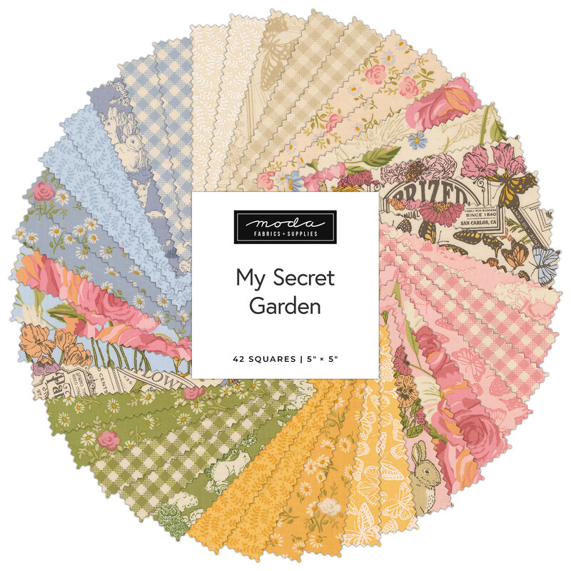 A collage of fabric swatches in cream, pink, yellow, green, and blue in a circular pattern, labeled My Secret Garden from Moda Fabrics.
